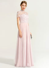 Load image into Gallery viewer, Lace A-Line Chiffon Tiara Neck Illusion Floor-Length Prom Dresses High