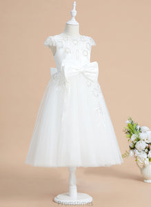Tulle/Lace A-Line Sequins/Bow(s) Sleeves Short With Tea-length Flower Girl Dresses - Mercedes Neck Girl Flower Dress Scoop