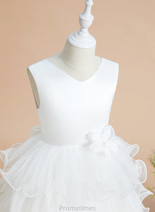 With Bow(s) Ball-Gown/Princess Flower Sleeveless - Tea-length Satin/Tulle Shaniya Dress Girl Flower Girl Dresses V-neck