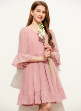 Load image into Gallery viewer, Knee-Length V-neck Cascading A-Line With Ruffles Kenya Junior Bridesmaid Dresses Chiffon