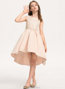 With Scoop Junior Bridesmaid Dresses Neck Asymmetrical A-Line Pockets Ansley Lace Satin Beading
