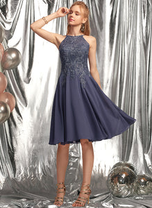 Homecoming Dresses Lace Homecoming Lace Scoop Appliques Dress With Areli Neck A-Line Chiffon Knee-Length