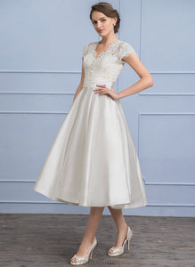 Wedding Dresses Dress V-neck Satin Tea-Length A-Line Lace With Wedding Alivia Ruffle