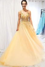 Load image into Gallery viewer, A Line Floor Length Tulle Prom Dress With Sequins, Cheap V Neck Long Formal Dresses