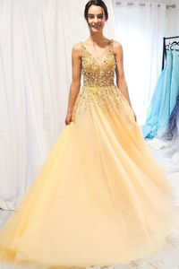 A Line Floor Length Tulle Prom Dress With Sequins, Cheap V Neck Long Formal Dresses