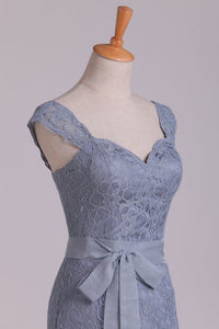 2022 Sheath/Column Lace Bridesmaid Dresses With Sash Above Knee Length