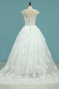 2022 Wedding Dresses Short Sleeves Scoop A Line Tulle With Applique