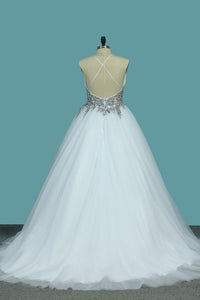 2022 A Line Spaghetti Straps Wedding Dresses Tulle With Beads Open Back