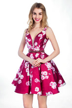 Load image into Gallery viewer, 2022 A Line V-Neck Short/Mini Satin Floral Homecoming Dresses