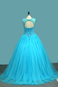 2022 Ball Gown Tulle Scoop Quinceanera Dresses Beaded Bodice Court Train