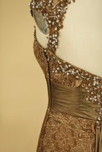 Load image into Gallery viewer, 2022 Brown High Neck Evening Dresses Column With Beading Lace Sweep Train