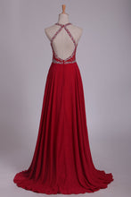 Load image into Gallery viewer, 2024 Halter A Line Prom Dresses Beaded Bodice Sweep Train Chiffon &amp; Tulle Open Back