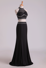 Load image into Gallery viewer, 2022 Black Halter Two-Piece Beaded Bodice Mermaid Open Back Prom Dresses Spandex &amp; Tulle Floor Length