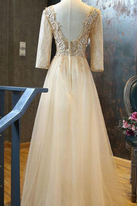 2024 Scoop 3/4 Length Sleeves A Line Tulle With Applique Prom Dresses