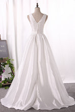 Load image into Gallery viewer, 2024 V Neck A Line Taffeta Evening Dresses Sweep Train Open Back