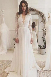 2022 Sexy Open Back Scoop Long Sleeves Wedding Dresses A Line Chiffon & Lace