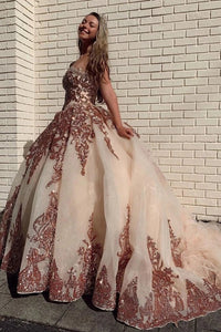 Champagne Tulle Rosewood Appliques Sweet Heart Neckline Ball Gown Quinceanera Dresses Prom Dresses