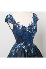 Load image into Gallery viewer, Elegant Dark Navy Cap Sleeves A Line Long Prom Gown With Appliques