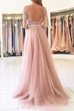 Load image into Gallery viewer, 2024 A Line Scoop 3/4 Length Sleeves Tulle With Applique Prom Dresses Sweep Train