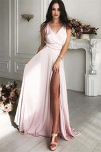 Load image into Gallery viewer, V-Neck Front Split Long Simple Cheap Elegant Pink Prom Dresses Party Dresses