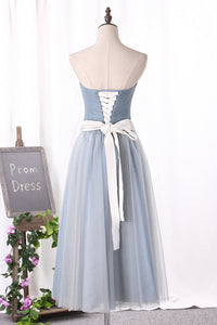 2024 Simple A-Line Tulle Prom Dress Sweetheart With Sash Tea Length