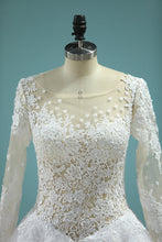 Load image into Gallery viewer, 2022 Scoop A-Line Wedding Dresses Court Train Tulle With Applique Long Sleeves