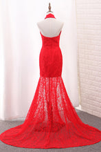Load image into Gallery viewer, 2022 Mermaid High Neck Prom Dresses Lace With Slit Sweep Train