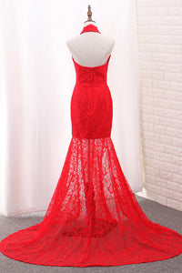 2022 Mermaid High Neck Prom Dresses Lace With Slit Sweep Train