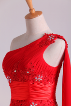 Load image into Gallery viewer, 2024 Red One Shoulder A Line Prom Dresses With Applique &amp; Ruffles Floor Length