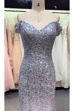 Load image into Gallery viewer, Prom Dress Off The Shoulder Sweep Train Mermaid Tulle Beads&amp;Sequins