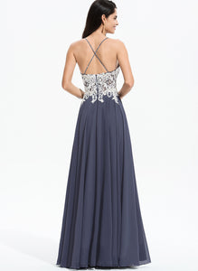 A-Line Sequins With Chiffon Beading V-neck Prom Dresses Floor-Length Emery