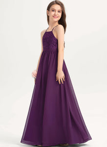 Chiffon Lace A-Line Junior Bridesmaid Dresses Lyric Neckline Floor-Length Bow(s) Square With