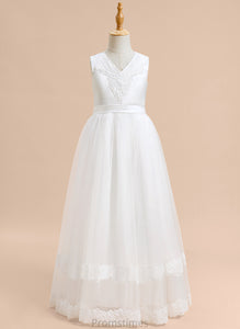 Ball-Gown/Princess Tulle Girl V-neck Floor-length - Lace/Bow(s) Flower With Flower Girl Dresses Dress Kaylee Sleeveless
