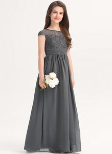 With Destinee Scoop Junior Bridesmaid Dresses Lace A-Line Chiffon Ruffle Neck Floor-Length