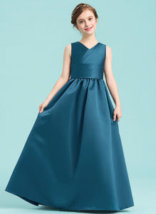 Floor-Length Daniella Ball-Gown/Princess Junior Bridesmaid Dresses Satin Ruffle V-neck With