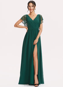 Embellishment Fabric Neckline Silhouette SplitFront Floor-Length Length Lace A-Line V-neck Olympia Sleeveless Bridesmaid Dresses
