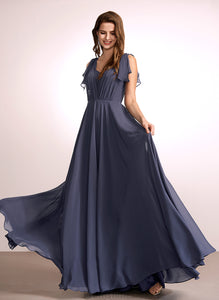 Silhouette Ruffle Floor-Length A-Line Neckline V-neck Fabric Length Embellishment Maren Sleeveless Natural Waist Bridesmaid Dresses