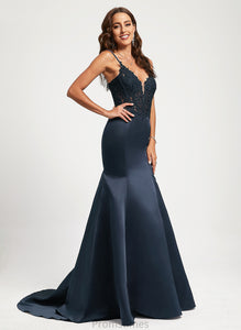 Tianna V-neck Sequins Train Prom Dresses Satin Trumpet/Mermaid With Sweep Lace
