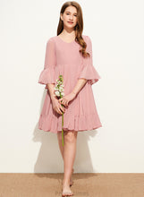 Load image into Gallery viewer, Knee-Length V-neck Cascading A-Line With Ruffles Kenya Junior Bridesmaid Dresses Chiffon