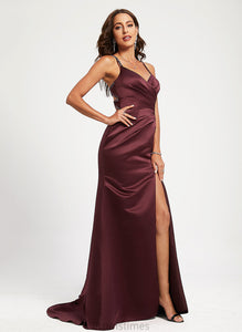 Satin Train With V-neck Beading Sequins Kailey Sweep Prom Dresses Trumpet/Mermaid