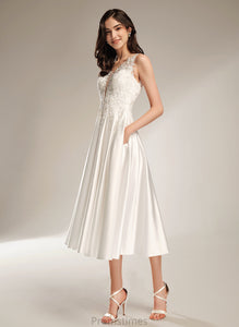 Satin Wedding Dress V-neck Lace Ursula Wedding Dresses A-Line Tea-Length