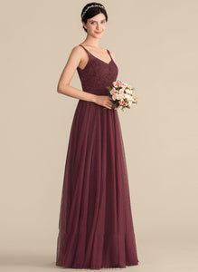 A-Line Floor-Length Length Silhouette Straps Tulle Neckline Fabric V-neck Lace Deja A-Line/Princess Bridesmaid Dresses