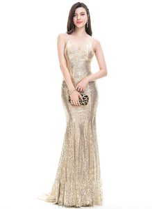 Prom Dresses Trumpet/Mermaid Sweep Caylee Sequined Sequins V-neck Train With