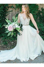 Load image into Gallery viewer, Prom/Wedding Dresses A Line Chiffon With Applique&amp;Beads Sweep Train