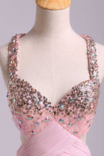 Load image into Gallery viewer, 2022 Prom Dresses A-Line Cross Back Floor-Length Chiffon Pink Ready To Ship