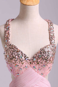 2022 Prom Dresses A-Line Cross Back Floor-Length Chiffon Pink Ready To Ship