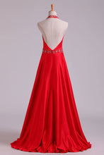 Load image into Gallery viewer, 2022 Open Back A Line Halter Satin Prom Dresses With Beading Floor Length