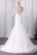 Load image into Gallery viewer, 2022 Sexy Mermaid Wedding Dresses Scoop Half Sleeves Tulle With Applique Open Back