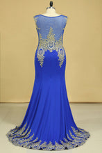 Load image into Gallery viewer, 2022 Dark Royal Blue Prom Dresses Scoop Mermaid With Applique Spandex Sweep Train Size 18W