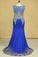 2022 Dark Royal Blue Prom Dresses Scoop Mermaid With Applique Spandex Sweep Train Size 18W